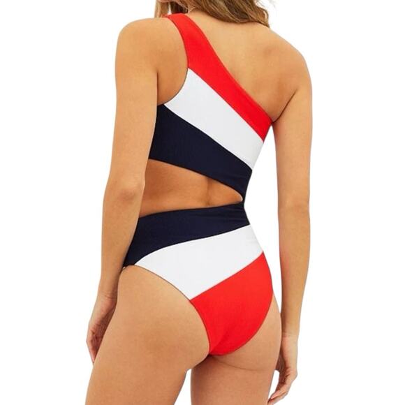 BEACH RIOT Joyce One Piece Red Colorblock One Shoulder Swimsuit XS Americana - Picture 2 of 8